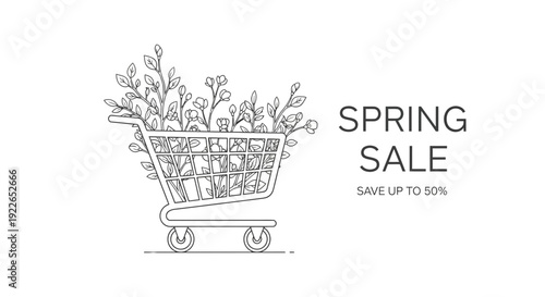 Spring Sale Shopping Cart with Blooming Flowers and Green Leaves