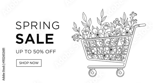 Spring Sale Shopping Cart with Flowers and Leaves, Up to 50% Off, Shop Now