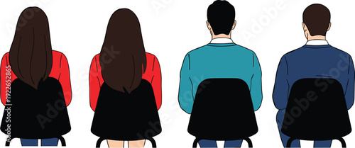Rear view people sitting on chairs, men and women office workers vector illustration, back side character collection