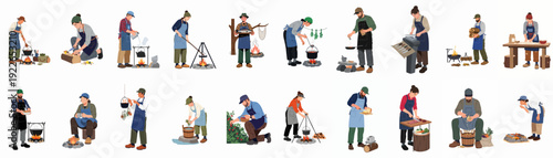 People enjoying outdoor cooking and food preparation, from foraging to campfire meals, showcasing rustic culinary adventures and traditional methods in nature.