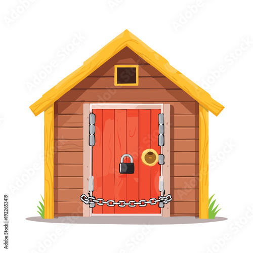Cartoon wooden shed with a red door and a padlock