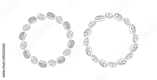 Homemade baked goods. Cakes, pastries, sweets. A set of banners, round frames with space for text. Donuts, cookies. Dessert, heart. A set of linear icons, drawings, doodles. Homemade food, cooking.