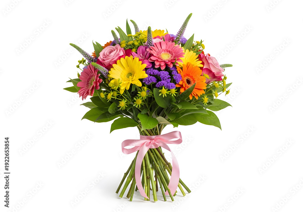 Obraz premium Vibrant Colorful Flower Bouquet with Pink Ribbon - Fresh Floral Arrangement Isolated on White Background