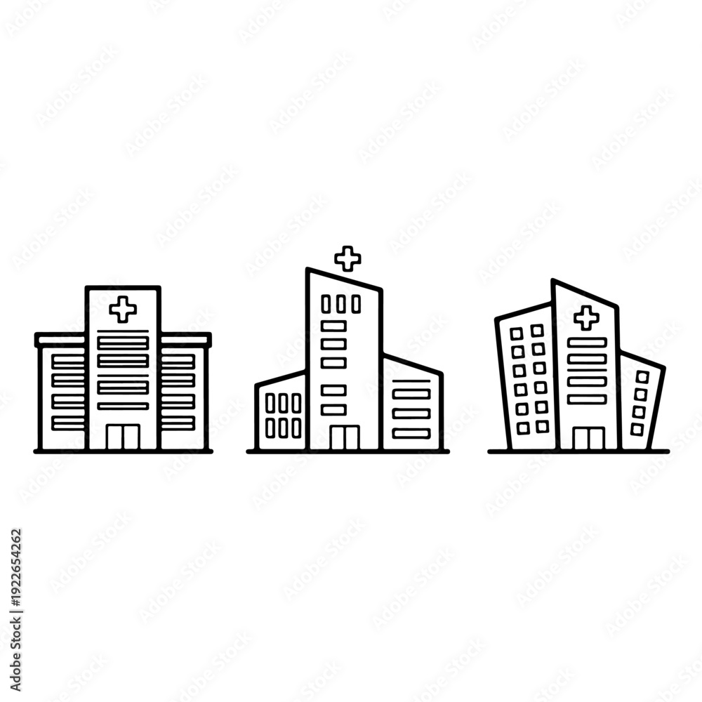 Fototapeta premium Modern hospital building icons featuring medical clinics healthcare centers and emergency facilities with cross symbols for professional healthcare branding and urban architectural design vector.