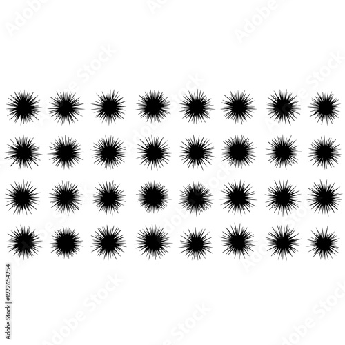 Abstract burst icons featuring multiple spark symbols and explosion shapes for decorative design elements comic style action effects and creative marketing promotional graphics in black and white.