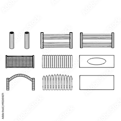 Architectural fence and garden barrier designs featuring wooden railings metal gates and boundary structures for landscape architecture home security and construction planning vector illustration.
