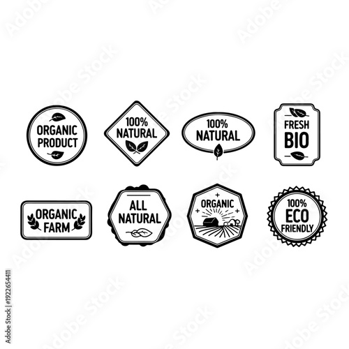 Collection of organic and natural product labels featuring eco friendly badges for fresh bio farm food healthy lifestyle branding and environmental sustainability marketing design vector elements.