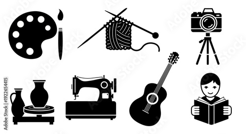 Creative icons set including art, music, and sewing tools, displayed together, simple, vector, white background, Whisk_8b5fa163554140487ca4b366b33c3693dr.eps reference