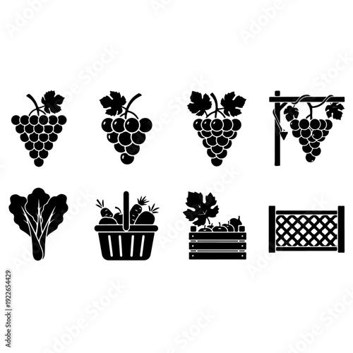 Grapes and gardening icon collection with vineyard clusters harvest baskets wine production elements and leafy greens for agriculture farming organic food market branding and rural vector graphics.