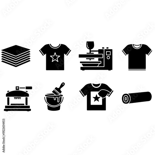 T-shirt screen printing and textile manufacturing process icons featuring garment production heat press machine fabric rolls and apparel design tools for fashion industry branding vector set.