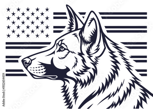 Majestic German Shepherd dog in front of American flag