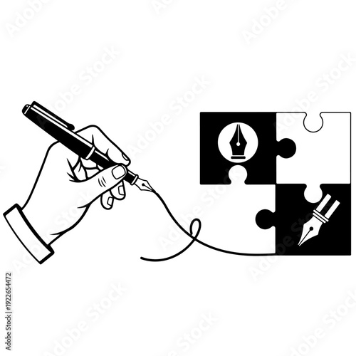 Creative fountain pen drawing a line connecting jigsaw puzzle pieces with ink nib symbols representing artistic collaboration business strategy problem solving and creative writing process vector.