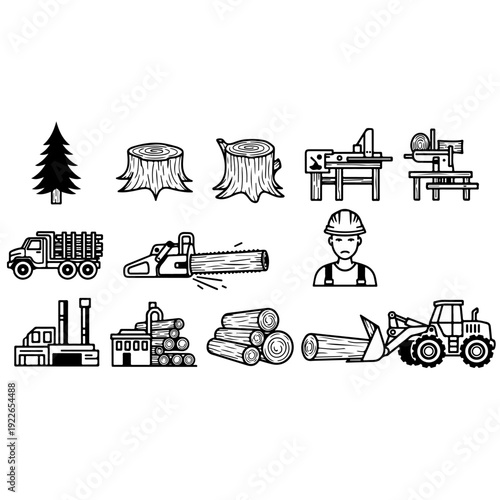 Woodworking and forestry industry icons featuring lumberjack tools pine trees logs sawmills and heavy machinery for timber production and carpentry business branding vector illustrations on white.