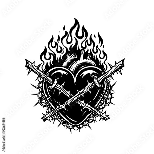 Intricate flaming heart illustration wrapped in barbed wire with crossing wooden stakes representing passion pain struggle or religious symbolism for tattoo design apparel print and artistic art.