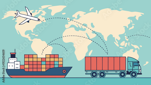 Global logistics and transportation network with cargo ship, truck, and airplane