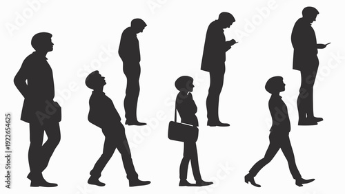 Silhouettes of business people walking and using devices in various poses