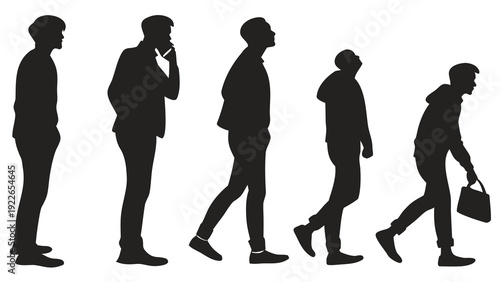 Silhouettes of businessmen in various walking poses and actions