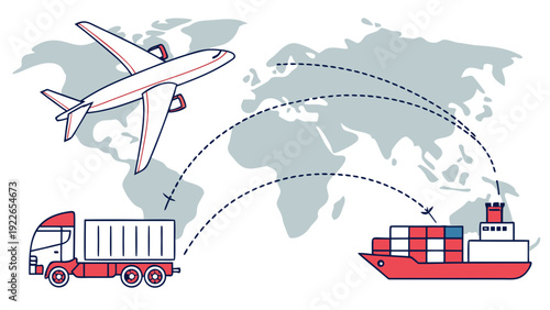 Global logistics and transportation network with airplane, truck, and cargo ship