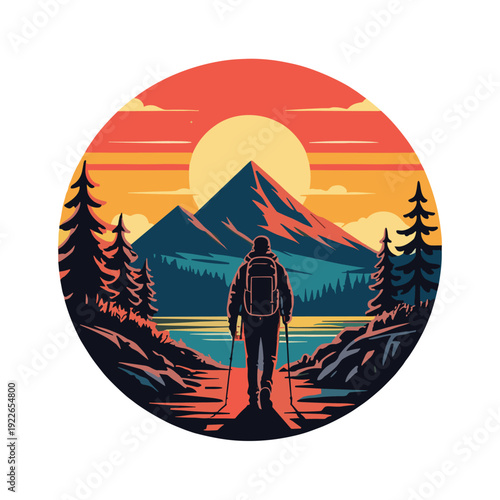 Hiker silhouette during mountain sunset