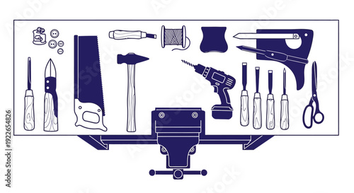 Various tools neatly organized on a workbench in a workshop environment viewed from above