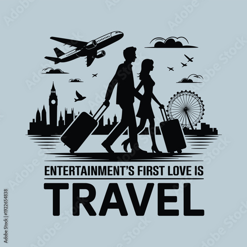 Couple traveling with luggage silhouette