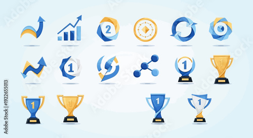Title: Achievement and award icon set featuring trophies badges and success symbols representing accomplishment ranking victory and performance recognition ideal for gamification leaderboards educatio