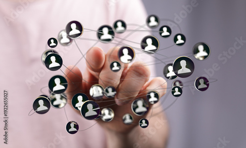 Hand holding a 3D network illustration representing digital connections, communication, social media, teamwork and glob