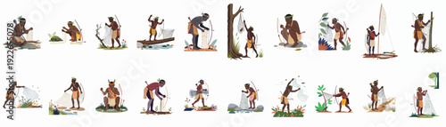 Indigenous community members crafting, mending, and using traditional fishing nets and hunting bows in natural environments, showcasing ancestral survival skills and cultural heritage.