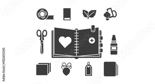 Stationery and craft icons surrounding a notebook with heart on cover.
