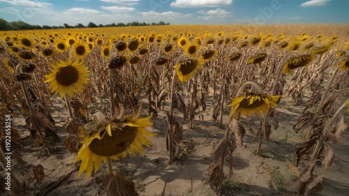 Time Lapse of Sunflowers Wilting and Drooping in Field during Drought