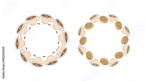 Coffee cup, sweet cinnamon bun, and coffee beans,  set frames, banners with space for text food and drinks. Colored sketches, drawings, doodles. Delicious baked goods, nutritious snacks. Hand-drawn