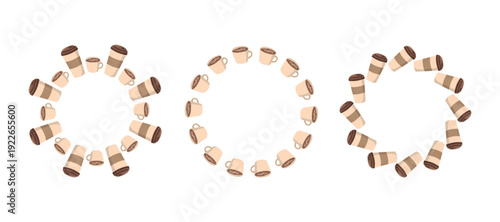 Coffee in a disposable cup. Cup of coffee. Set of various round frames and banners with hand lettering.  International Coffee Day. Flat illustration inscriptions. Isolated background.