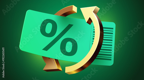 Cashback or discount program with green card and golden arrow, depicting loyalty rewards or return offers. Vector illustration.