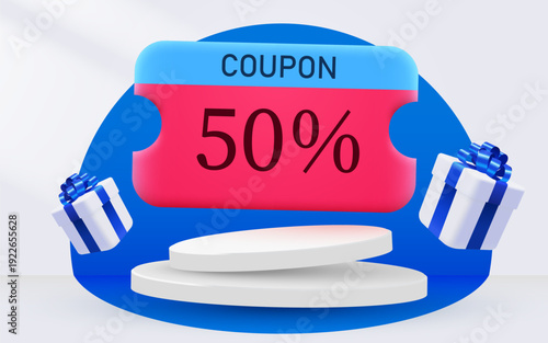 Vibrant 50 Discount Coupon on Podium with Gift Boxes, ideal for promotion banners. Vector illustration