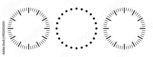 Mechanical clock face blank round dial with minute and second divisions, timer scale template, simple meter design, vector illustration