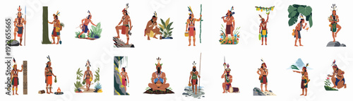 Diverse Illustrations of Amazonian Indigenous People Engaged in Traditional Hunting, Gathering, and Cultural Practices