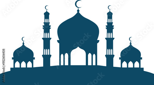 Silhouette of a majestic mosque with domes and minarets against a dark sky