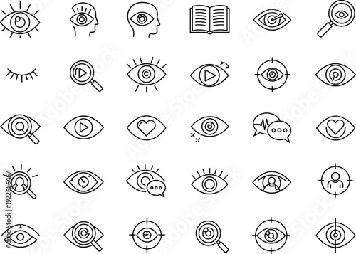 Black and white line art vector icon collection representing human eye vision, optical focus, target observation, internet search, and media watching isolated on white.