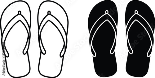 Flip flop sandals outline and silhouette vector illustration, summer beach footwear icon set isolated on white background
