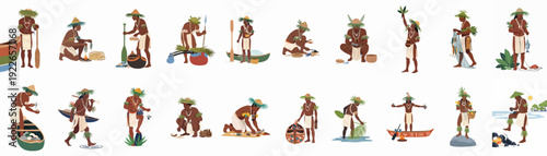 Indigenous People Engaged in Traditional Activities and Daily Life, Featuring Fishing, Crafting, and Cultural Practices with Canoes and Natural Elements.