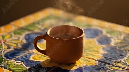 Wallpaper Mural Steaming hot drink in a rustic clay mug sitting on a colorful mexican tiled table. Torontodigital.ca