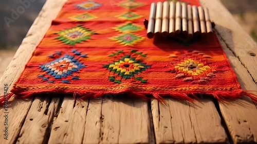 Wallpaper Mural Traditional andean pan flute resting on a colorful woven textile over a rustic wooden table Torontodigital.ca