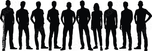 Silhouette people standing in row, diverse postures and stances vector illustration for body language, human form, design template art
