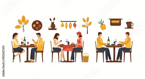 Flat Vector Set of People Dining and Socializing in Restaurant. Couples Eating Food, Drinking Wine, and Using Phones on Date Night.