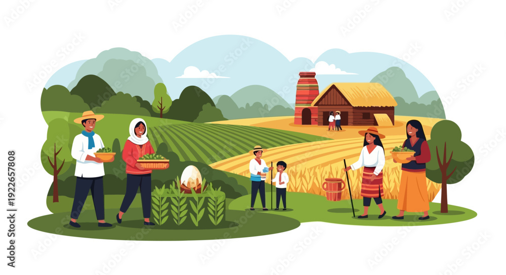 Fototapeta premium Diverse Family Farmers Harvesting Crops in Lush Rural Landscape: Agricultural Community Working Together