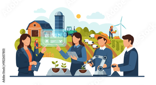 Smart Farming Technology and Precision Agriculture. AgTech Experts Using Robotics, AI, and Digital Management to Transform the Future of Food Production.