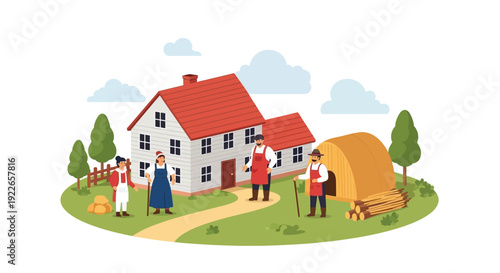Traditional Farm Family and Farmers Standing Outside Rural Farmhouse with Haystack - Flat Vector Illustration.