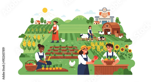 Diverse Community Farming Illustration: Farmers Growing Organic Crops, Harvesting Vegetables, and Tending Livestock on Sustainable Rural Land.