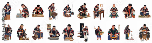 Illustrations of Indigenous Artisans Crafting Traditional Silver Jewelry and Cultural Items, Showcasing Ancient Techniques and Mapuche Heritage.