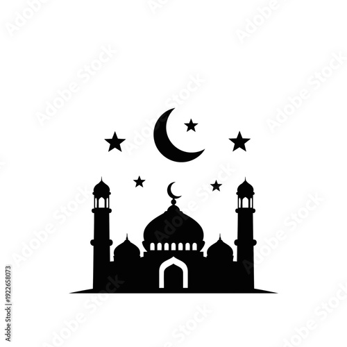 Mosque Silhouette with Crescent Moon and Stars